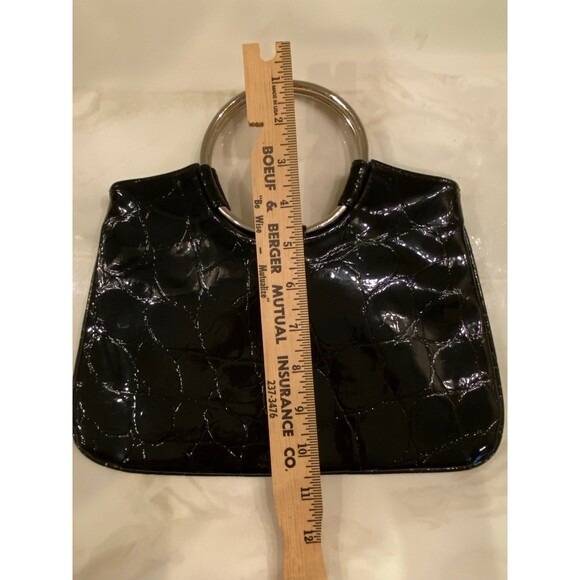 Black Patent Faux Leather Alligator? Print Handbag Unique Silver Hoop Handle - Picture 8 of 8